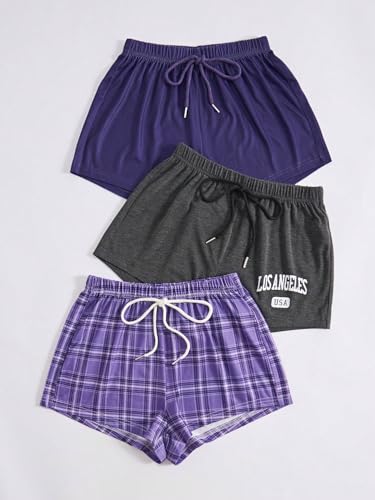 Image of WDIRARA Women's 3 Pack Plaid Letter Graphic Pajama Shorts Lounge Shorts | Elastic Waist ,Comfortable,Home Living,Sleepwear