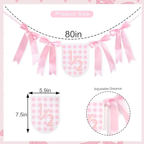 Image of Pink Ribbon Bow 1 /2 Birthday Banner - Sweet 6 Months Birthday Party Decorations,Pink White Gingham Bow Bohemian Garland,Half Way to One Cake Smash,Scalloped Banner Photo Props