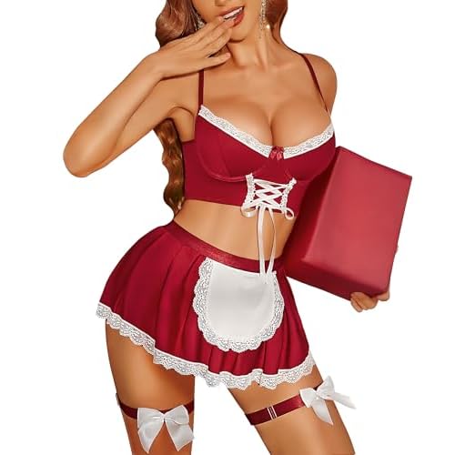 RSLOVE Sexy Womens Lingerie Set - 5 Piece Lace Babydoll Dress Exotic Lingerie Set Roleplay Costume Medium Wine Red