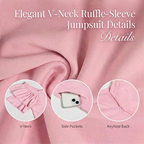kaimimei Formal Jumpsuit for Women Dressy Short Sleeve One Piece Spring Outfits V Neck Ruffle Peplum with Zipper Pink Medium