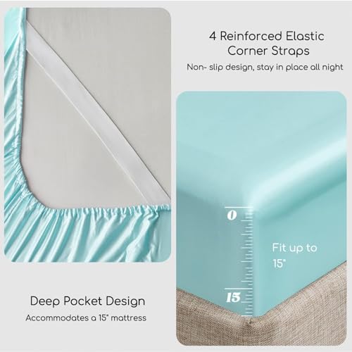 Image of MR&HM Satin Bed Sheets, Queen Size Sheets Set, 4 Pcs Silky Bedding Set with 15 Inches Deep Pocket for Mattress (Queen, Turquoise)
