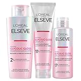 El paquete incluye: 1 x rutina completa para el cabello con 3 productos Elseve Glycolic Gloss de L'Oréal Paris. El paquete incluye: 1 champú sin sulfatos (200 ml), 1 x brillo desenredante (150 ml), 1 x cuidado para plastificar (200 ml)