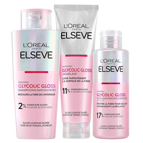 L'Oréal Paris - Komplette Haarpflegeroutine für trübes Haar - Shampoo + Entwirrung + Lamination Pflege - Glykolsäure - Ohne Sulfate - Elseve Glykolisch Gloss - 3 Produkte