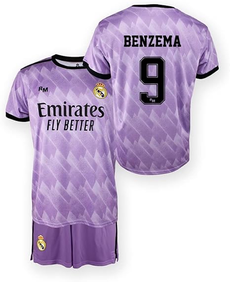 Real Madrid Conjunto Camiseta y pantalón 2ª EQ. Temporada 22/23 - RÉPLICA Oficial Autorizada con Licencia - 100% poliéster - Dorsal 9 Benzema - Niño Talla 4 años