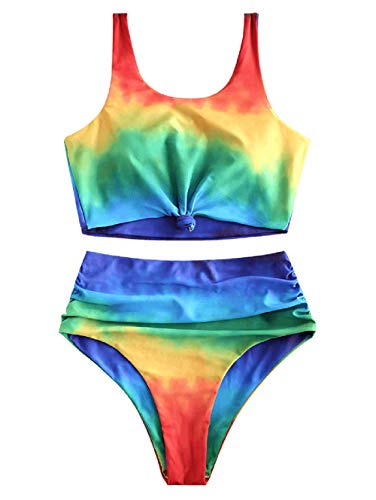 ZAFUL Maillot de Bain Deux pièces, Tankini Femme Teinte au Nœud Bikini Femme ACR en Ciel (Couleur A, M (EU 38)) Cover