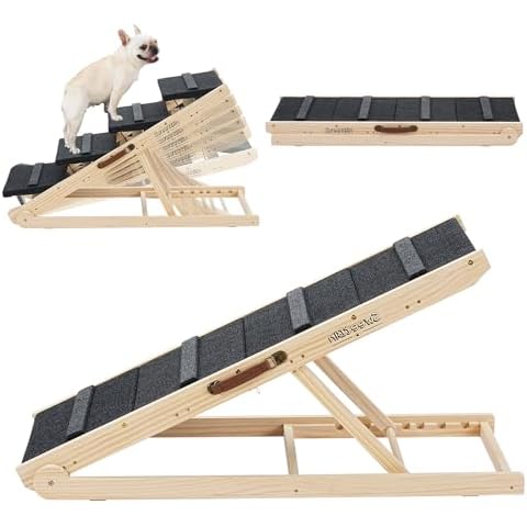 Dog Ramp for Bed - Car Ramp for Dog - 2-in-1 Dog Stairs & Ramp - 45.3" Long Adjustable 14"-26" Dog Ramps for Small Dogs Medium Dogs - Dog Ramp for Couch, Bed or Sofa, Folding Portable Wooden Pet Ramps Cover