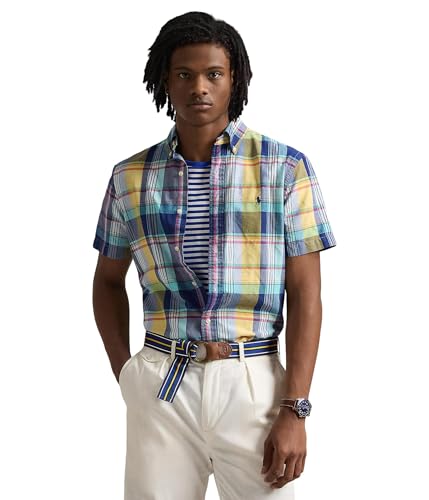 Image of POLO RALPH LAUREN, Mens, Classic Fit Plaid Oxford Shirt, Navy /Yellow Multi, X-Large