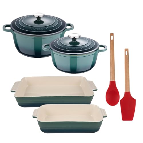 Juego de 2 Cacerolas con tapas Ø20Ø24cm en aluminio + 2 Fuentes de horno en gres Verde + 2 Utensilios de cocina (cuchara, espátula) EXCALIBUR Bergner