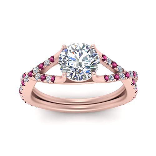Image of Choose Your Gemstone 4 Prong Split Twisted Diamond CZ Ring Rose Gold Plated Round Shape Split Shank Engagement Ring Minimal Modern Design Birthday Gift Wedding Gift US Size 4 to 12
