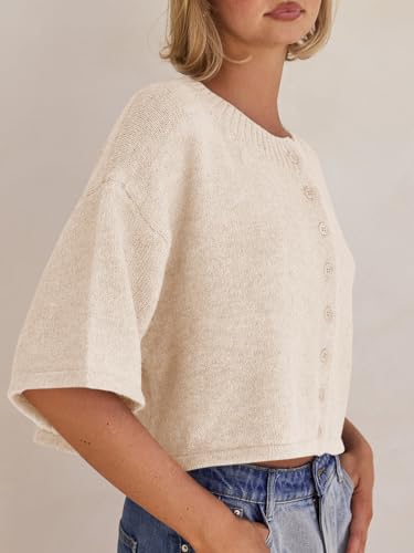 Saodimallsu Womens 3/4 Sleeve Cardigan Sweater Button Down Cropped Crewneck Cardigan 2025 Fall Casual Knit Tops3