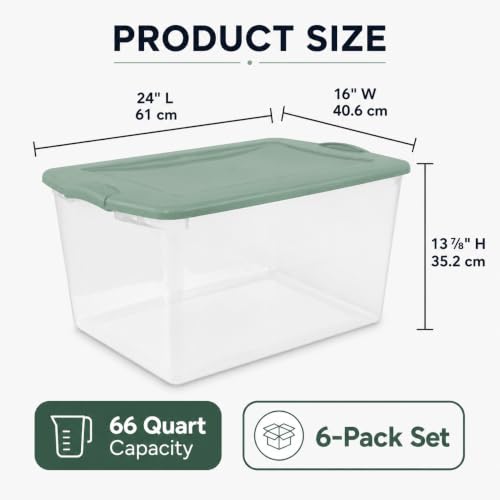 Image of Storage Bins 66 Qt Clear Latching Lid Stackable 6 Pack Sage Green