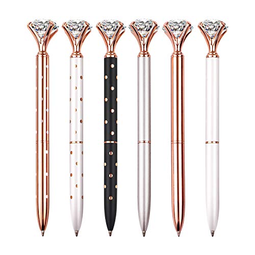 6 PCS Diamond Pen With Big Crystal Bling Metal Ballpoint Pen, Office Supplies And School, Rose Gold/Silver/White/Black/Rose Gold With White Polka Dots/White Rose Polka Dots, 6 Pen Refills