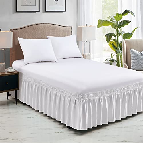 Freshculture Wrap Around Ruffled Bed Skirt For Twin Beds, 15 Inch Tailored Drop, Adjustable Elastic Dust Ruffles Twin Size, Easy Fit Wrinkle & Fade Resistant, Soft Brushed Fabric, White #TOP2