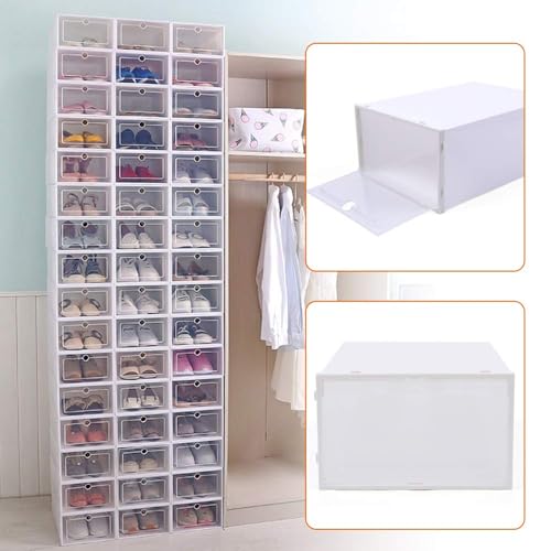 DYRABREST 20 PCS Clear Plastic Shoe Storage Boxes Clamshell Stackable and Foldable Display Shoe Rack Container Shoe Box Organizer for Closet - Requires Assembly