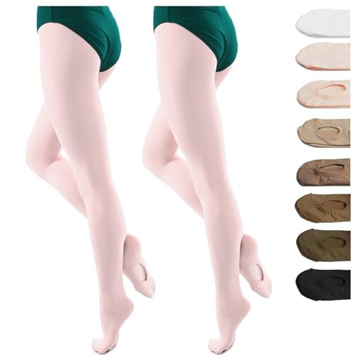 DANCEYOU Dance Tights for Women 2 Pairs Convertible/Footed Girls' Ballet Tights Opaque Leggings for Toddler, Kids and Adults, Pale Pink M