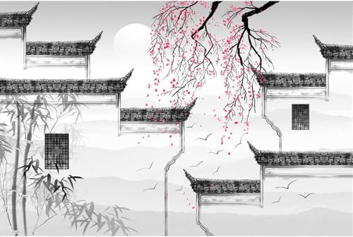 Papier peint panoramique paysage chinois fleurs rouges 3D - 3