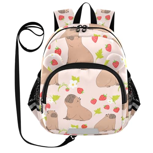 Capybara Strawberry Flower Pale Toddler Harness Backpack for Boys Girls 3-6 Years Kids Backpack with Anti Lost Safety Leash Baby Travel Bag for Travel Preschool Walking
