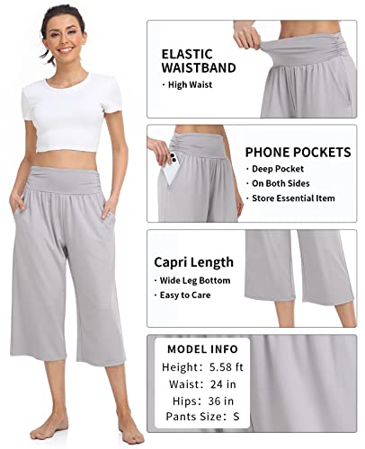 Tarse Women's Summer High Waisted Capri Pants Casual Wide Leg Yoga Pants Loose Soft Pajamas With Pockets Sweatpants(Lightgray,L) #TOP4