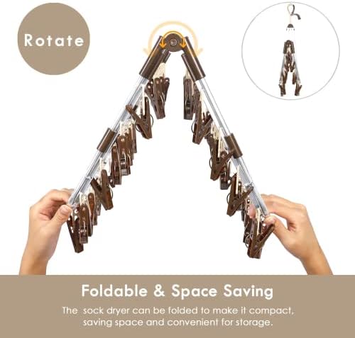 ANVINKU Sock Hanger for Washing Line, Aluminum 32 Pegs Sock Dryer, Folding Sock Drying Rack, Underwear Peg Hanger with Windproof Hook, Sock Airer for Underwear Baby Clothes & HatsDark Brown