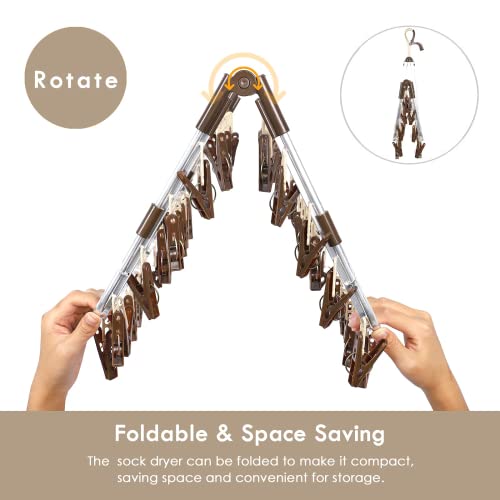 ANVINKU Aluminum 32 Pegs Folding Sock Drying Rack, Windproof Hook, Underwear & Baby Clothes Airer (Dark Brown) - Image 4