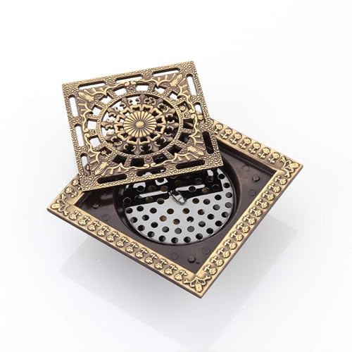 4.7 Inch Square Bronze Shower Drain with Removable Cover, Antique Brass Floor Flower Pattern, Deodorizer, Large Flow, Hair Filter, and Anti-Odor Design