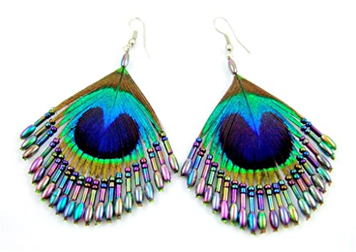 Iridescent Peacock Feather Earrings, Hand Beaded Rainbow Color Beads Peacock Earrings for Women Fashion Jewelry FA0143