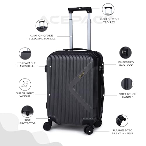 Image of ACEPACK Brampton 56 cms Dark Grey Hard Sided Cabin Size Luggage Trolley Bag for Travel Suitcase with 8 Spinner Wheels for Men and Women,