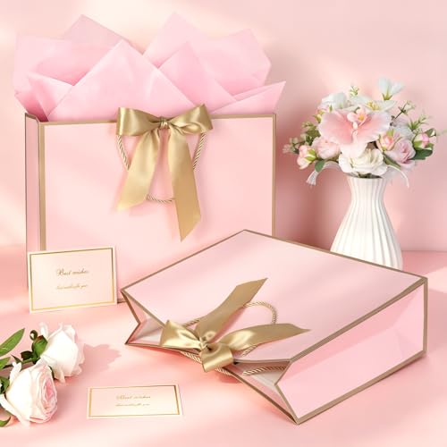 Image of JMANNI Pink Gift Bags with Handles, 14.6 inch Large Gift Bags with Tissue Paper | 2 Pcs Pink Gold Bags, 4 Tissue Paper and 2 Cards, for Baby Shower, Wedding Bridal Shower, Birthday Party