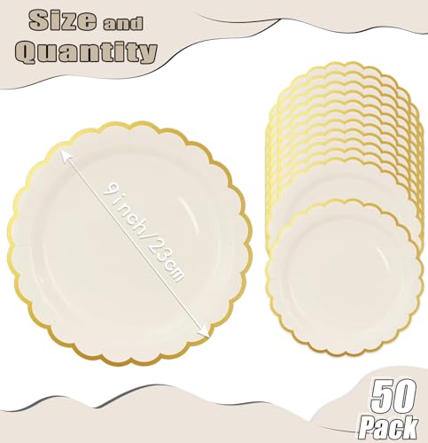 Image of HEIPINIUYE 50 Pieces Ivory Paper Plates with Gold Foil 9 Inch Disposable Ivory Scalloped Dinner Plates for Wedding Baby Shower Birthday Party Dessert Plate