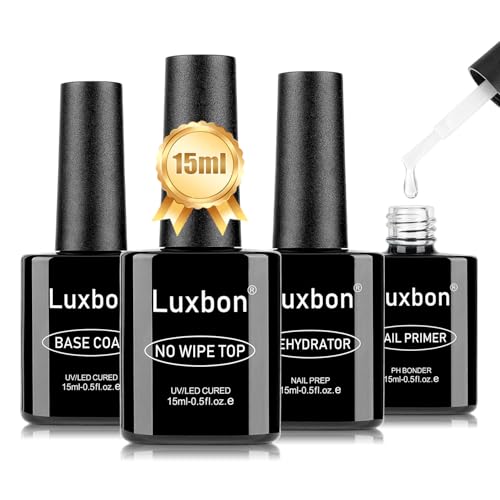 Luxbon 4 st 15ml No Wipe Gel Top Coat och Base Coat Nail Primer Dehydrator Set - Långvarig, glansig finish, UV LED nagellampa Soak Off Gel Base Top Coat Manikyr