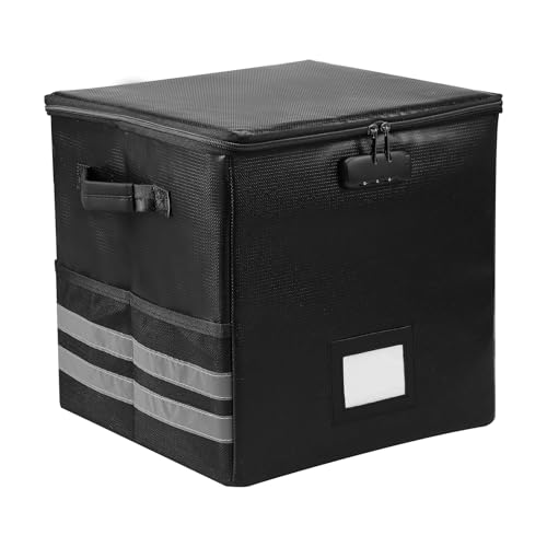 Fireproof Vinyl Record Storage Box with Lock and Handle 33x33x33cm Water Resistant Foldable Record Storage Organizer Case with Reflective Strips for Home Studio Garage Setups Vinyl Enthusiasts Djs