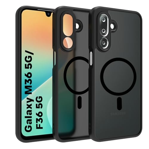 Image of RIGGEAR Shockproof Sleek Hybrid Armor Magnetic Back Cover Case Compatible with MagSafe Accessories for Samsung Galaxy M36 5G / F36 5G (Smoke Black Matte PC + Black TPU Bumper)