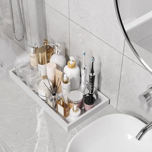 Image of ZHWS Bathroom Vanity Tray for Countertop Perfume Makeup Jewelry Candle Decor, Kitchen Tray for Soap Dispenser Spice Salt, Large Tray for Toilet Tank Paper, Serving Nightstand White 13 inchx6.5 inch