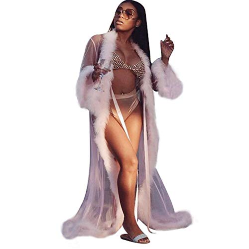 C-Pioneer Sexy Women Long Sleeve Lace Dress Silk Underwear Lingerie Robe Set Nightdress Sleepwear Gift (Pink)