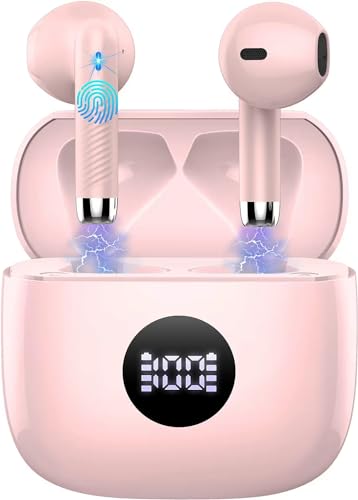 Wireless Earbuds Bluetooth 5.4 Headphones in Ear with 4 ENC Noise Cancelling Mic Bluetooth Earbuds 40H Playtime HiFi Stereo Deep Bass Wireless Earphones IP7 Waterproof USB-C Fast Charge Light Pink