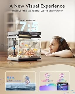 Fish Tank Smart Aquarium Kit: 2 Gal UHD Glass Silent Water Pump Self Cleaning System Temperature Monitoring Essential Oil Diffuser with Humidifier 7 Color Lights Multi-Layer Filtration System - Black