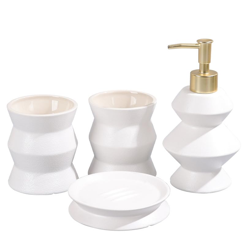 Ensemble d'accessoires de salle de bain 4 pièces avec motif marbre, comprend un porte-brosse à dents, un distributeur de savon, un porte-savon et des gobelets pour l'organisation du comptoir