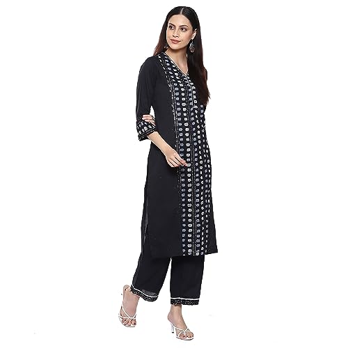 Image of BIBA Women Cotton Straight Kurta Palazzo Suit Set
