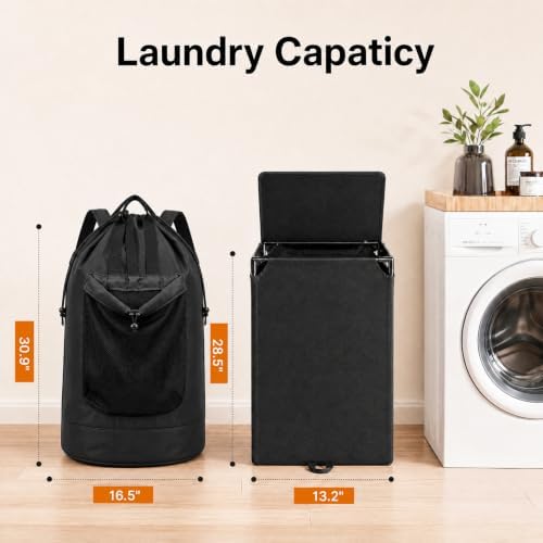 Foluck 100L 2-in-1 Laundry Hamper with Laundry Backpack, Waterproof Basket with Lid, Laundry Bag with Shoulder Straps and Mesh Pocket, Hamper for College Dorm, Travel, Apartment, Laundromat - 3