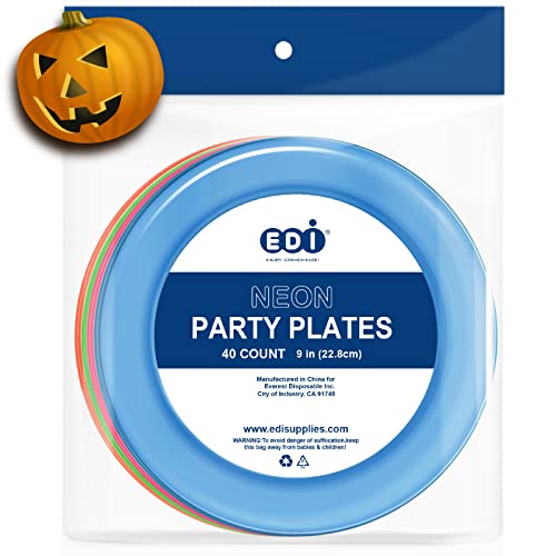 EDI Hard Plastic 9-Inch Round Party/Luncheon Plates, Assorted Neon, 40-Count (1)