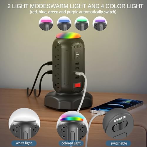Multiple Outlets Surge Protector, PD 30W Fast Charging Power Strip Tower with RGB Night Light, 15 AC Outlets Power Tower, 2 Type C and 4 USB Ports, 6.5FT Retractable Extension Cord Charging Station by CYAN BOX - Image 3