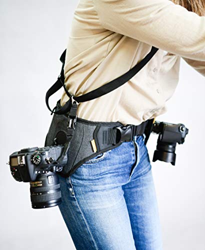 Cotton Carrier Slingbelt with Tether for One Camera. Camera Harness for Hiking and Traveling for Hands-Free Carrying