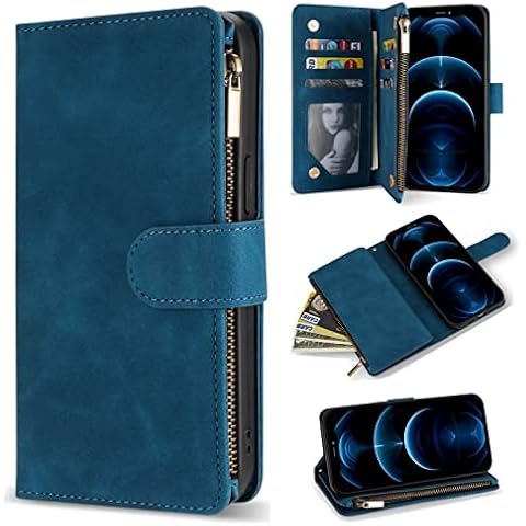 ZZXX for iPhone 12 Case Wallet,iPhone 12 Pro Wallet Case with Card Slot Premium Soft PU Leather Zipper Flip Folio Wallet with Wrist Strap Kickstand Protective for iPhone 12 Wallet Case(Blue 6.1 inch) Cover