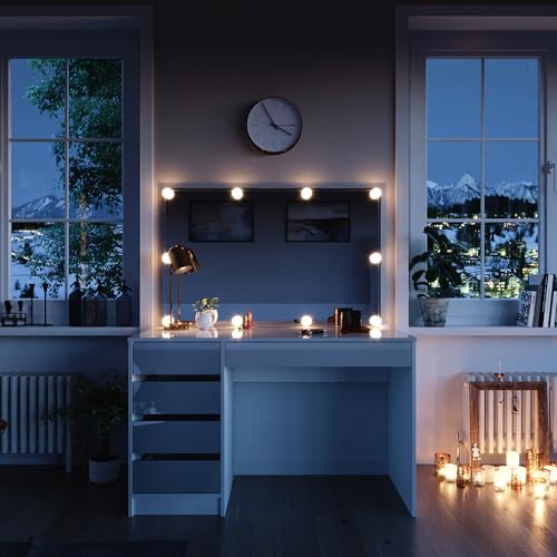 Vicco Schminktisch Sherry, Weiß, 120 cm mit LED Beleuchtung, mit LED-Beleuchtung und großem rechteckigem Spiegel