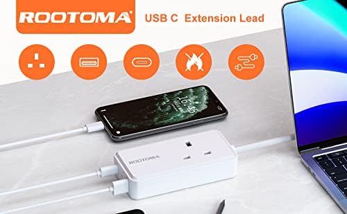 Extension Lead with USB C Port, 1 Way Outlets Power Strip with 1 USB-C and 1 USB Slots, Multi Power Plug Extension with 1M Extension Cord for Home Office Accessories Travel Essentials, 3250W 13A White