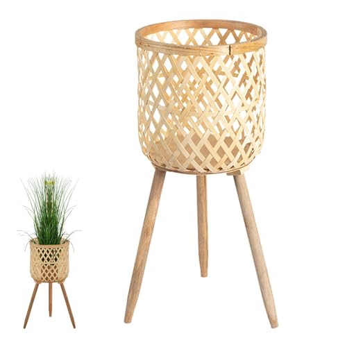 Opilroyn Soporte para macetas, cesta para plantas, soporte para flores con patas de madera, cesta trenzada, maceta, taburete para flores, decoración 2 en 1, para salón, taburete para plantas, elevador