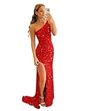 Clothfun Juniors One Shoulder Long Prom Dresses with Slit Sequins Mermaid Formal Gowns for Teens 202