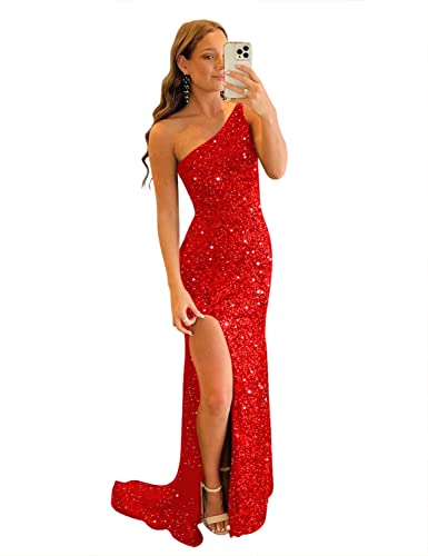 Clothfun Juniors One Shoulder Long Prom Dresses With Slit Sequins Mermaid Formal Gowns For Teens 2023 Red 4 #TOP9