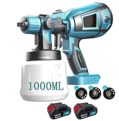 Kabellos Farbsprühsystem,1000ML HVLP Lackierpistole, Farbsprühgerät 3 Sprühmodi, Farbsprühpistole mit 3 Messingdüsen, für Wände, Möbel, Zäune, Kunsthandwerk (mit 2 * 3.0Ah Akku)