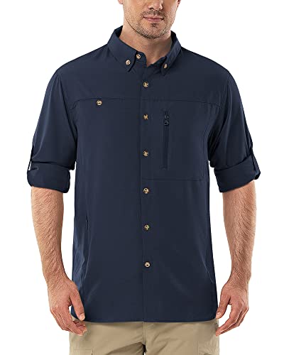 Outdoor Ventures Camisa para hombre Safari UPF50+ protección UV, manga larga, para senderismo, para exteriores, transpirable, de secado rápido, informal, con botones, azul oscuro, L
